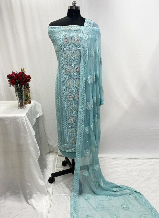 Georgette Blue Wedding Wear Lucknowi Embroidery Dress Material